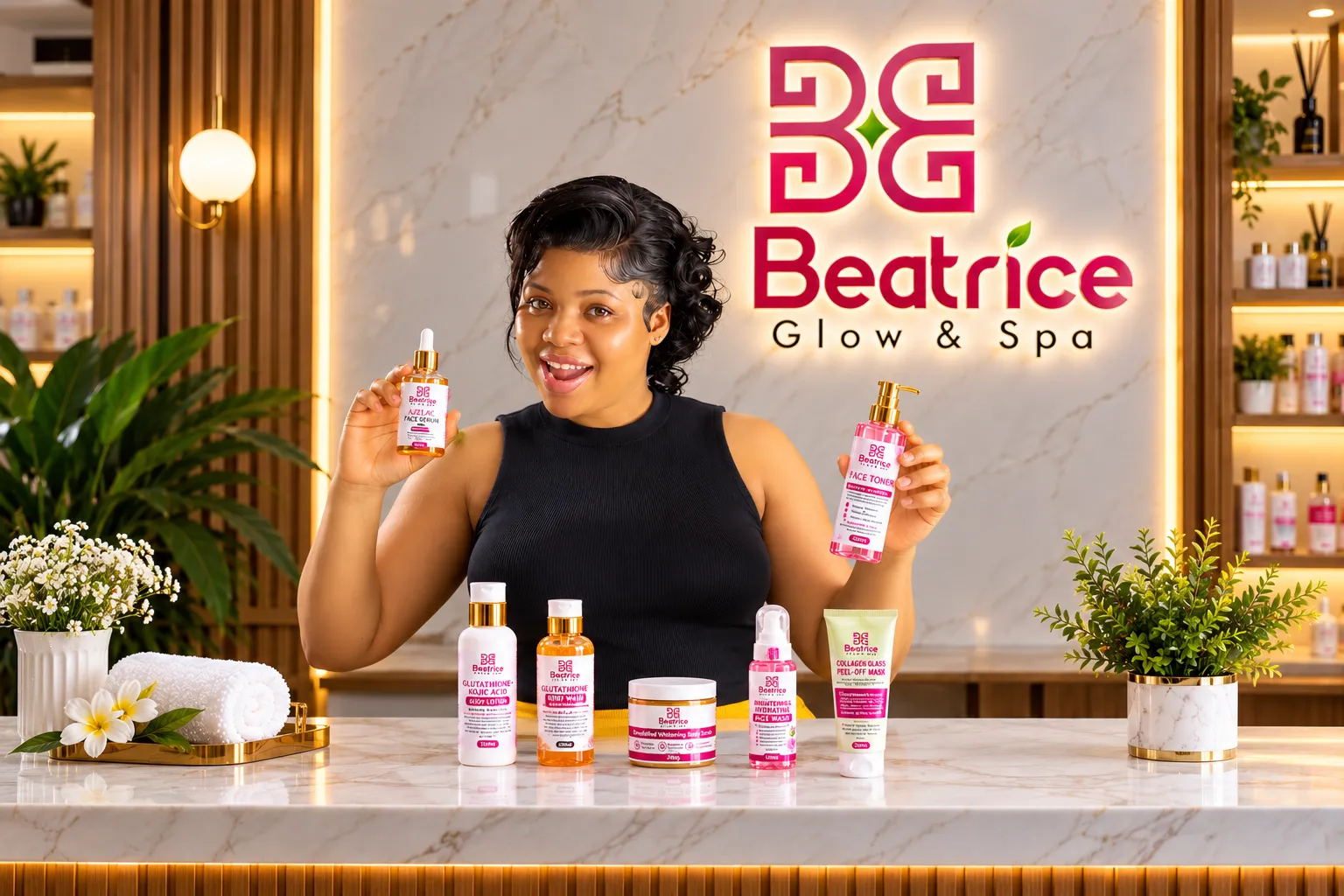 Woman with glowing skin holding a skincare product