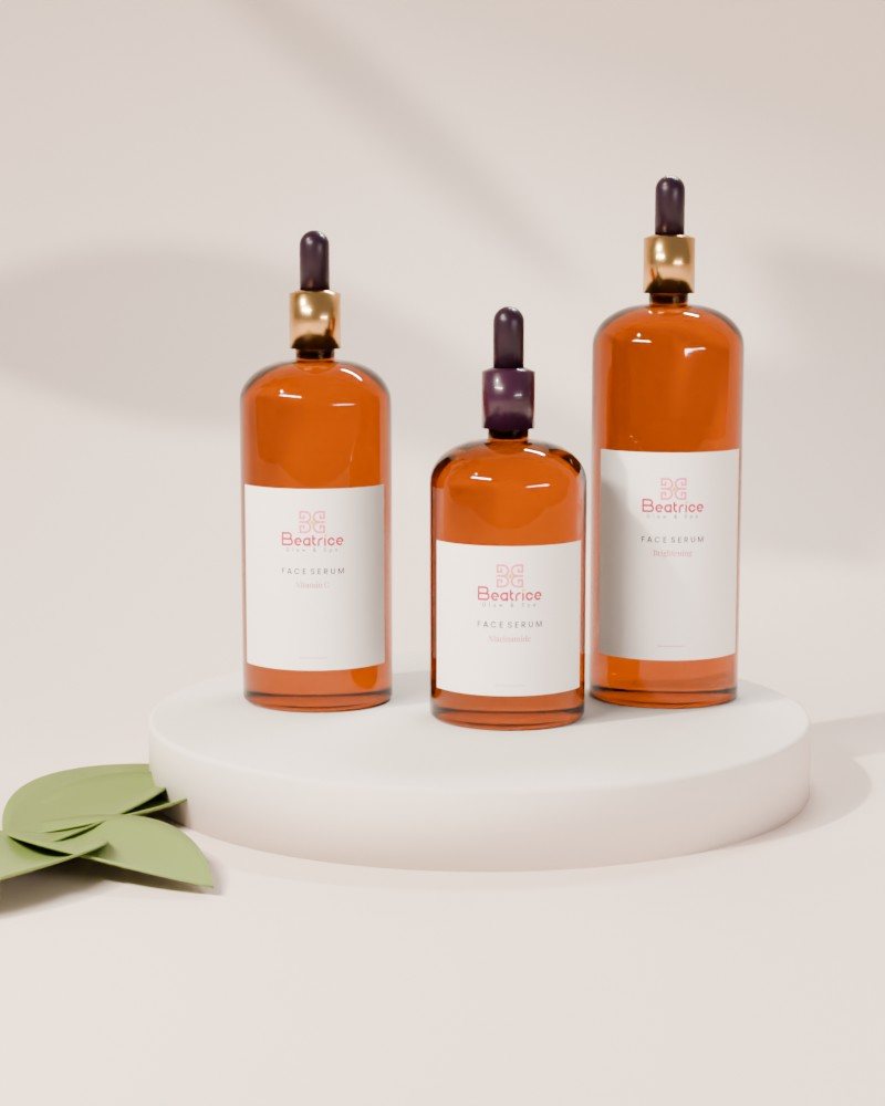 Beatrice Glow face serums in amber dropper bottles
